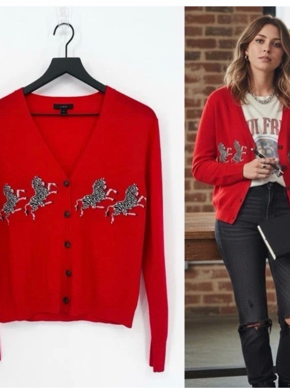 NWOT$118 J.Crew zebra print 💯 Merino wool cardigan sweater, Red, M Medium